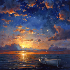 Dawns palette painting the  sunset skies boat escape