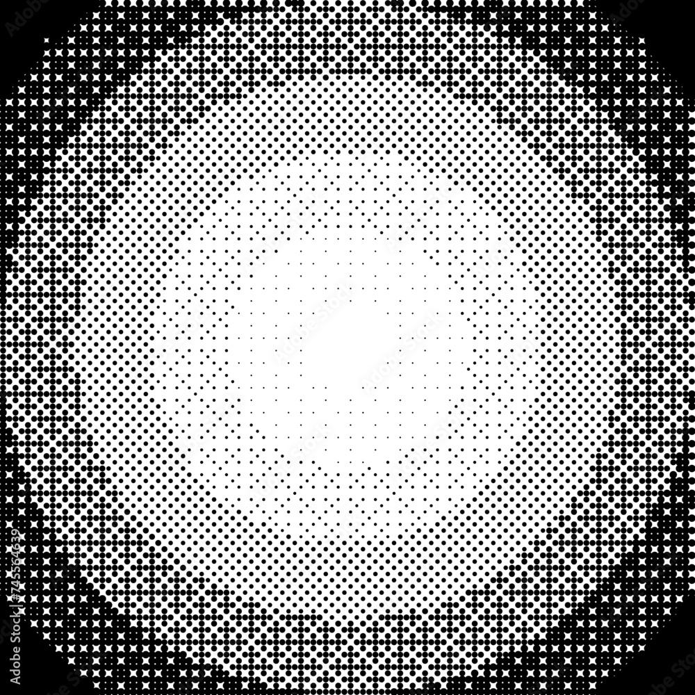 Poster Radial pixelated gradient texture. Black and white dithered round gradation. Retro circle bitmap game background. Halftone 8 bit wallpaper. Vintage circular pixel art. Vector overlay backdrop