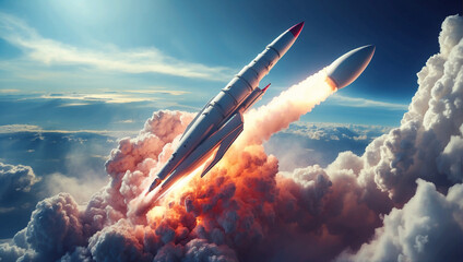 Hypersonic missile A combat rocket is flying above the sky - obrazy, fototapety, plakaty