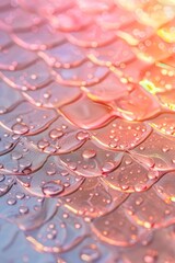 Textura de piel sintetica con forma de escamas de pez color rosa pastel metalico con gotas de agua. Ideal para usar como atractivo fondo de pantalla - obrazy, fototapety, plakaty