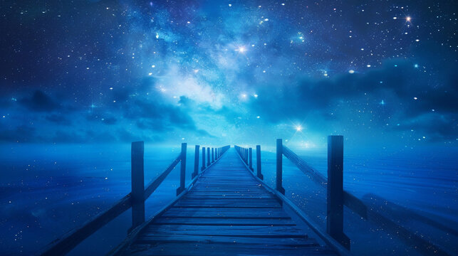 An infinite bridge stretches towards a horizon lit by starlight in a world where every dream is within reach