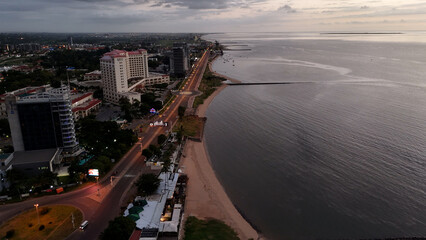 aerial view of Maputo beach at dusk/sunrise - obrazy, fototapety, plakaty