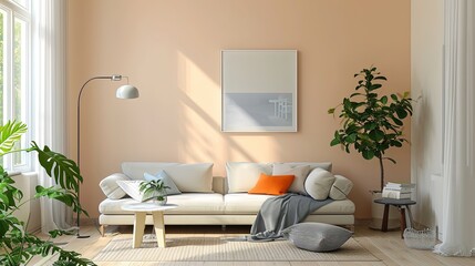 Modern designer cozy living room in beige color wall with a white sofa, picture, plants, window and table