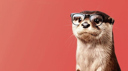 Otter wearing glasses with stylish frames, advertisement for an optics store, vision problems, myopia and farsightedness, consultation with an ophthalmologist, on light red background
