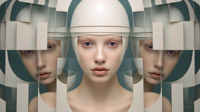 Surrealistic illustration of a futureistic woman in triplicate. Science fiction. Realistic female humanoids.