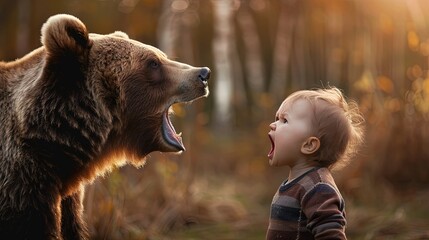 Young human toddler screams at a growling brown bear adult