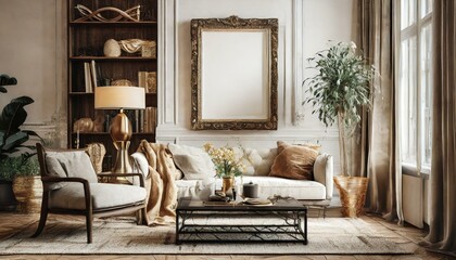 room with fireplace, Mockup frame in black living room interior with retro decor, 3d render