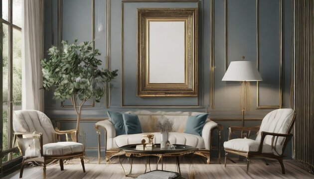 modern living room, Mockup frame in black living room interior with retro decor, 3d render
