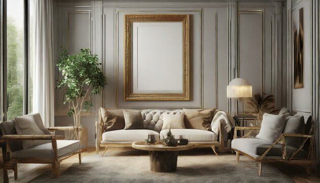 living room with a fireplace, Mockup frame in black living room interior with retro decor, 3d render