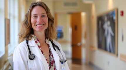 Woman female doctor in scrubs with stethoscope standing in the hospital hallway 