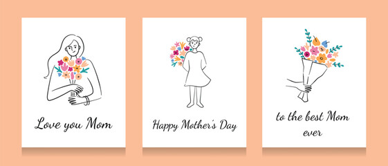 Fototapeta na wymiar Floral greeting cards for Mothers Day, love you mom, happy woman with flowers, gift for mommy, beautiful postcard with love, template with copy space, girl holding bouquet, good for poster design