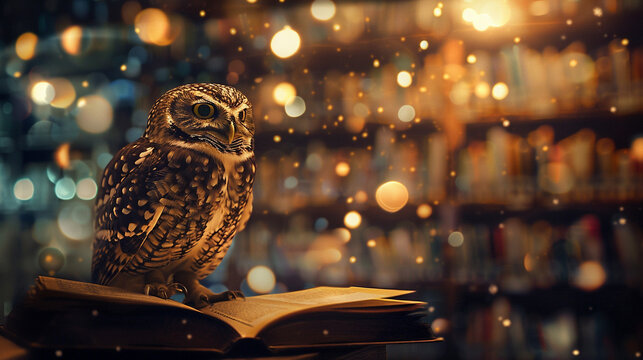 A wise owl browsing through a holographic library a minimalist tech portrait capturing the essence of knowledge and innovation
