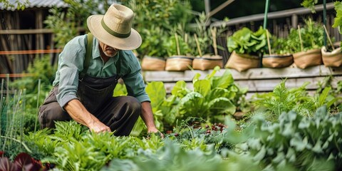Gardening concept with a homesteader farming their own land using a home garden full of fruits, vegetables, herbs, and spices