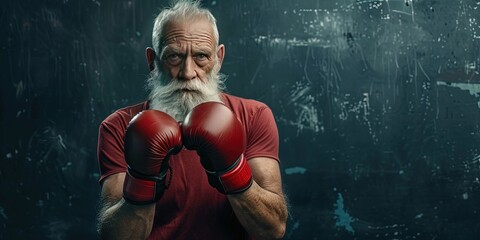 White male Senior citizen wearing boxing gloves and posing with copy space to show elderly fitness, athletics, and fighting strength and courage - obrazy, fototapety, plakaty