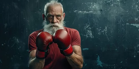 Foto op Plexiglas White male Senior citizen wearing boxing gloves and posing with copy space to show elderly fitness, athletics, and fighting strength and courage © Brian