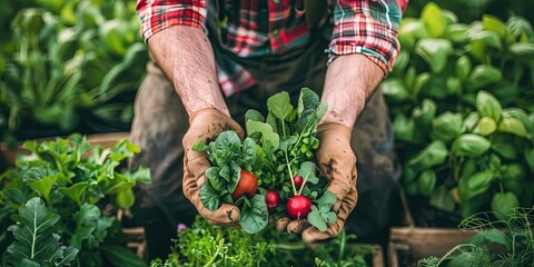 Gardening concept with a homesteader farming their own land using a home garden full of fruits, vegetables, herbs, and spices