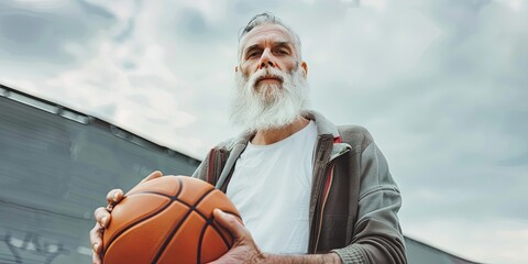 Older white guy with a basketball ready to play a pick up game on the court for an active healthy fitness lifestyle