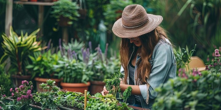 Gardening concept with a homesteader farming their own land using a home garden full of fruits, vegetables, herbs, and spices