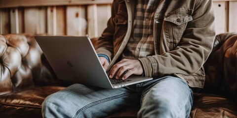 Young Millennial using a laptop on the goal while working remotely