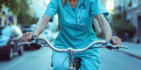 Female nurse riding her bicycle to work with a backpack and scrubs - obrazy, fototapety, plakaty