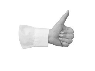 Black and white hand in a white shirt shows a thumbs up gesture - element for collage. Illustration on transparent background