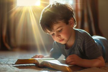 Little cute boy studying the scriptures at home, Christian bible study concept. - obrazy, fototapety, plakaty