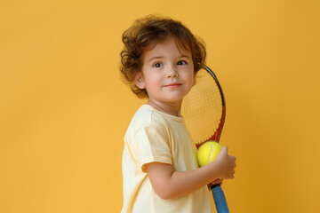 Sports and little boy athlete holding tennis on yellow background, Exercise and childhood dreams concept.