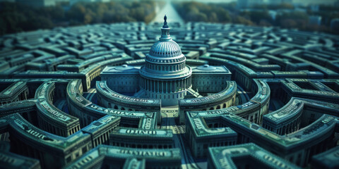 Capitol at the heart of a dollar maze, 3D visual metaphor for political financial entanglements