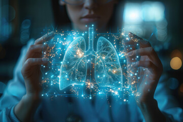 Closeup of radiology doctor analyzing virtual growth of human lungs - obrazy, fototapety, plakaty
