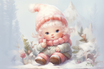 Cute gnome exploring snow-covered forest, watercolor pastel tones, 3D animation