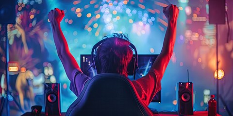 Esports concept with man cheering after winning a victory in the video game - obrazy, fototapety, plakaty