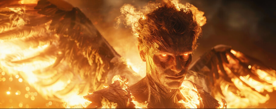 Close-up of an angel in human form on fire, his gaze piercing through the horror of the flames