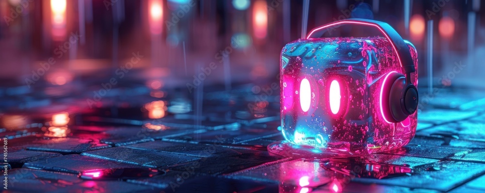 Wall mural Neon cyberpunk square, cute bubble with headphones amidst 3D horror shadows