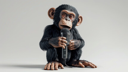 Hip-hop monkey clutching a mic logo, animated flair on a spotless white backdrop - obrazy, fototapety, plakaty
