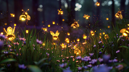 Fototapeta na wymiar Firefly Glowing in Forest with Butterflies