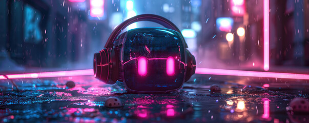 Neon cyberpunk square, cute bubble with headphones amidst 3D horror shadows - obrazy, fototapety, plakaty