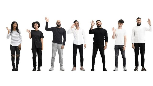 A group of people, in full height, on a white background, waving their hands