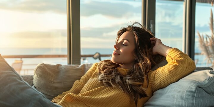 Woman Wearing Trendy Clothes Relaxing On The Couch After A Hard Day's Work. Taking A Break And Resting On Comfortable Furniture. 