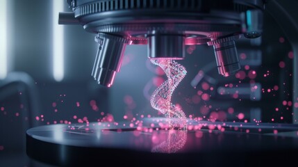 Futuristic electron microscope displaying DNA strands