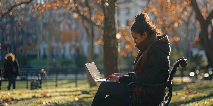Young Latina woman uses laptop computer at the park for remote work and virtual work concepts