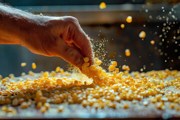 Hand grab corn kernels from a pile, food and agribusiness industry - obrazy, fototapety, plakaty