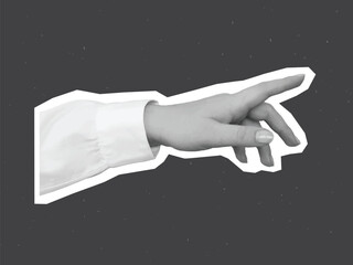 Black and white hand in a white shirt points with a finger - element for collage. Vector illustration