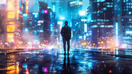 Fototapeta na wymiar Man Standing in City at Night