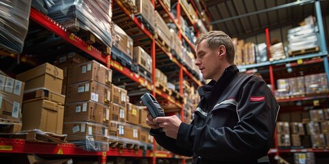 Male warehouse worker uses in-house inventory system to monitor logistics and supply chain efficiency 