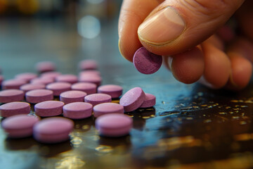 Hand grab purple pill from a pile, drug, medicine, health concept