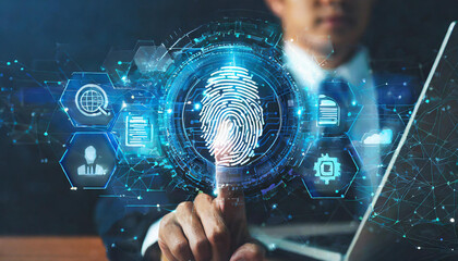 login or cyber security fingerprint and secure online connection of professional Enterprise resource planning ERP electronic account, wide futuristic banner design Ai generative  - obrazy, fototapety, plakaty