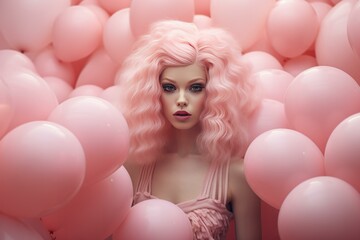 Naklejka premium Playful Lady with pink balloons background. Studio woman event with party looking. Generate AI