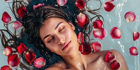 Beautiful brunette woman laying in a pool of water and red rose petals - Powered by Adobe