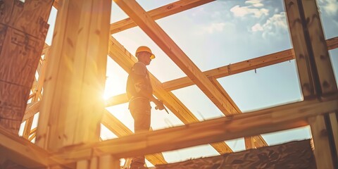 Construction concept with a male carpenter working on the wood beams in a new house construction