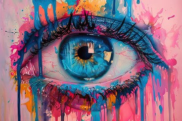 Closeup of a colorful eye with melting colors - makeup and beauty concept